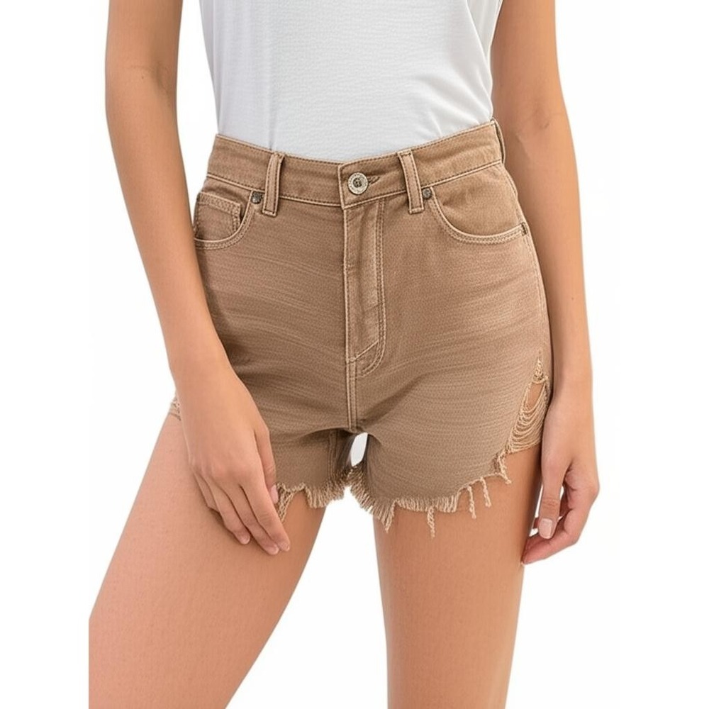 American Eagle Highest Rise Mom Shorts Size 6 Tan Distressed Ripped Denim Cutoff